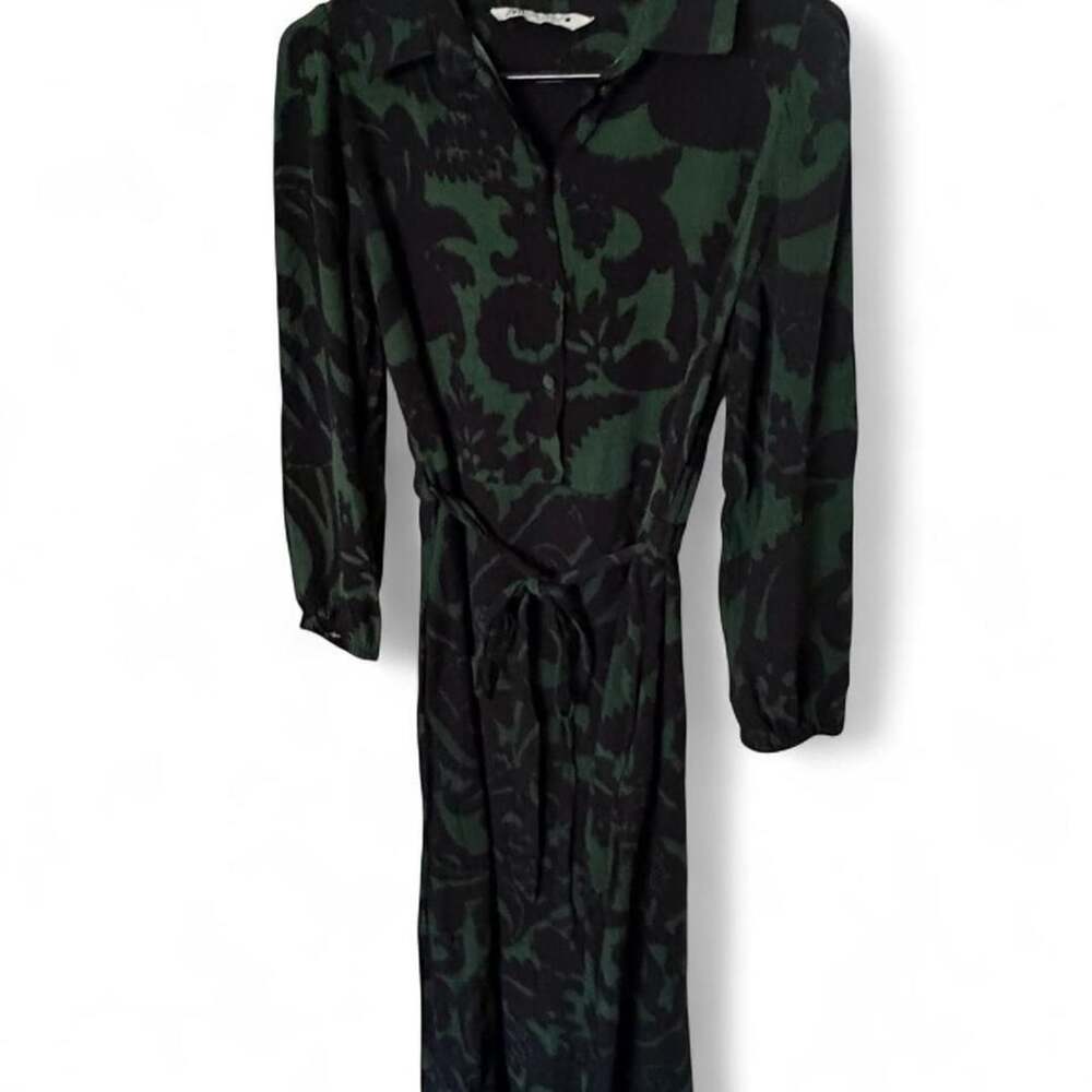 Zara Green and Black Floral Print Midi Dress with Tie Waist